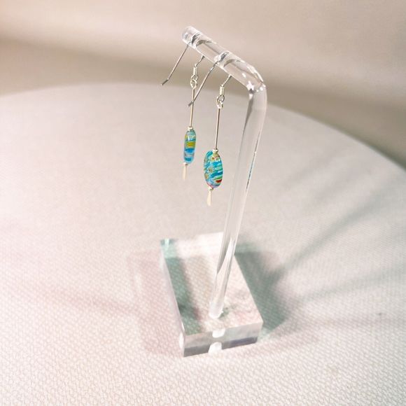 Two Inch Drop Sterling Silver Blue Millefiori Carnaval Earrings 2” Long - Picture 4 of 9